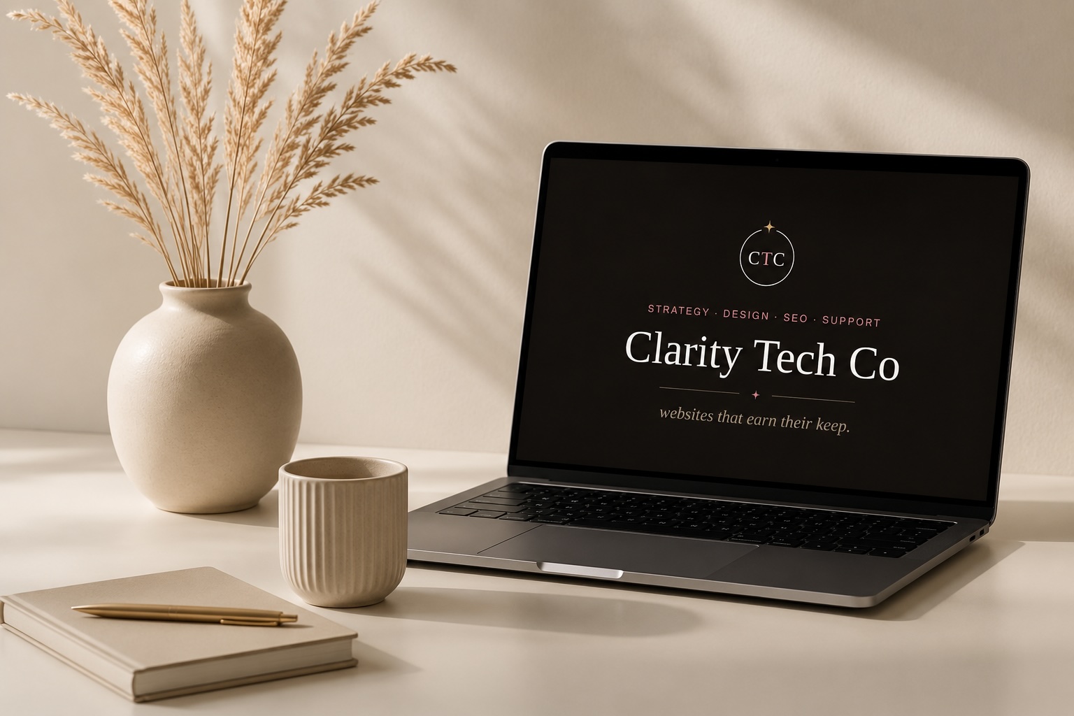 Clarity Tech Co — laptop with branding on a styled desk